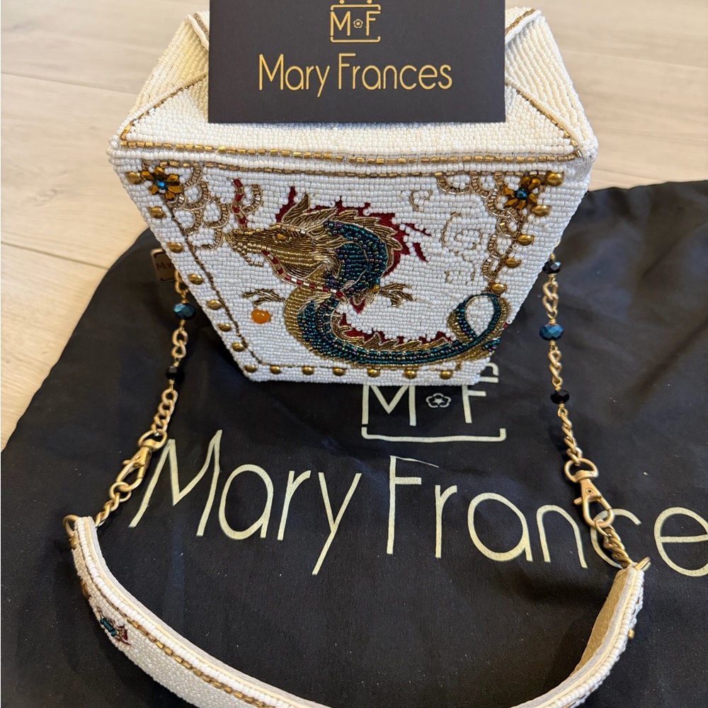 Mary Frances White Beaded Dragon Box Clutch with Gold Chain